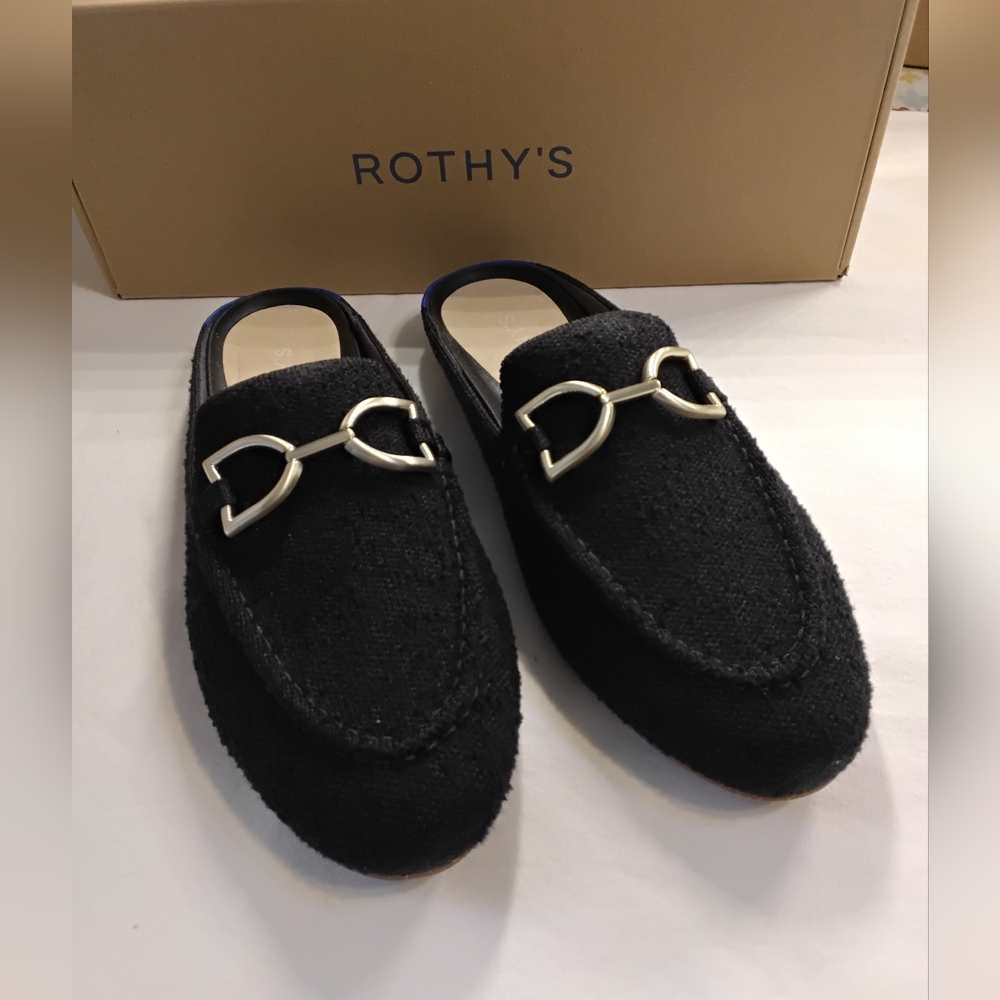 Rothy's Black Slip-On Loafers with Silver Accent "Black Boucle" - Picture 1 of 5